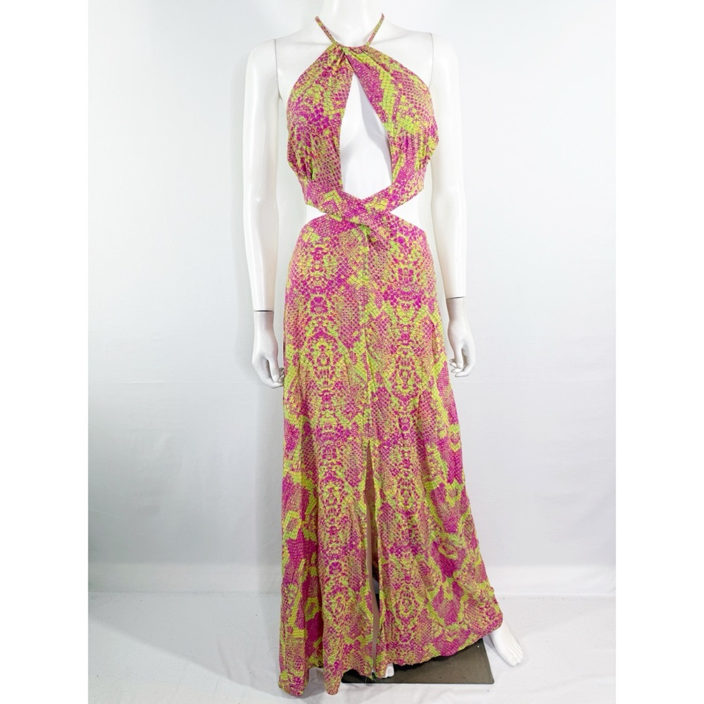 Luli Fama Pink and Yellow Snakeskin Maxi Dress